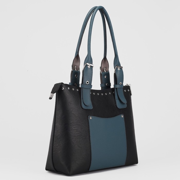 Сумка женская, отдел на молнии, 2 наружных кармана, цвет чёрный/морской волны