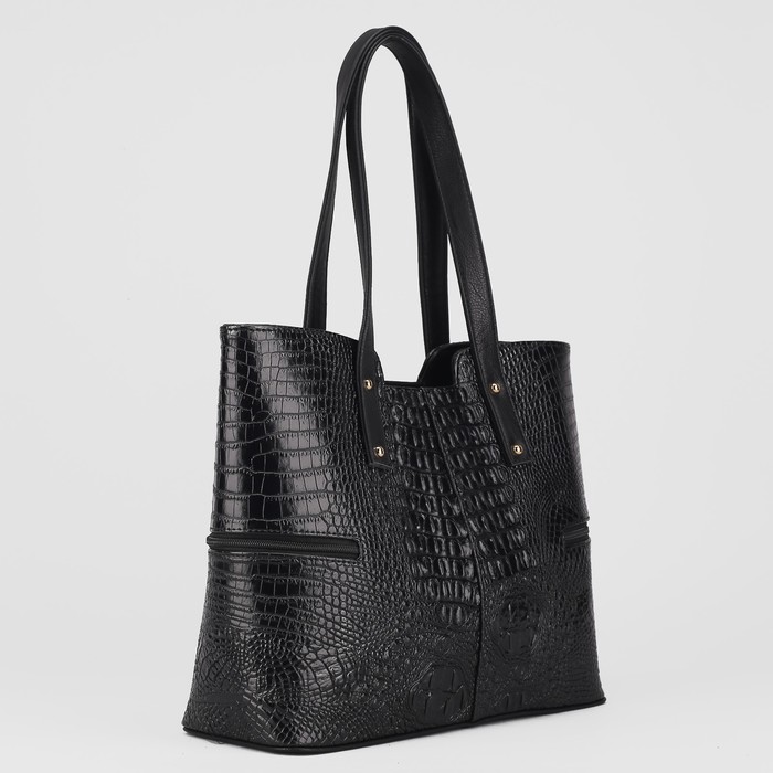 Сумка женская, отдел на молнии, 2 наружных кармана, крокодил, цвет чёрный
