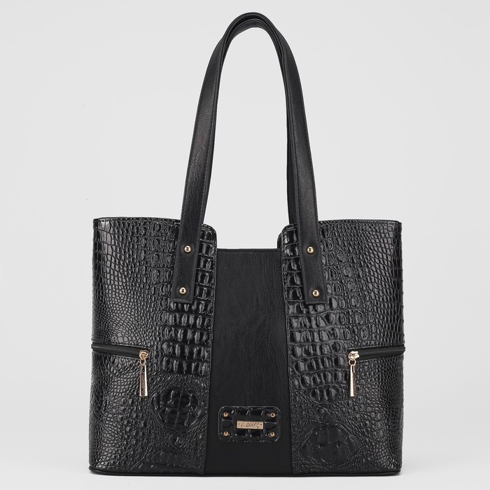 Сумка женская, отдел на молнии, 2 наружных кармана, крокодил, цвет чёрный