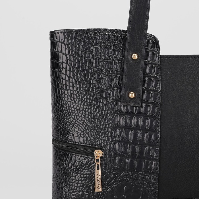 Сумка женская, отдел на молнии, 2 наружных кармана, крокодил, цвет чёрный
