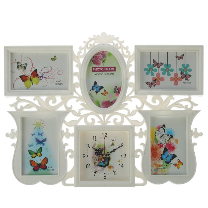 Часы настенные хайтек+5 фоторамок Бабочки белые (фото 10х15-3шт 15х10-2шт) 50*39см