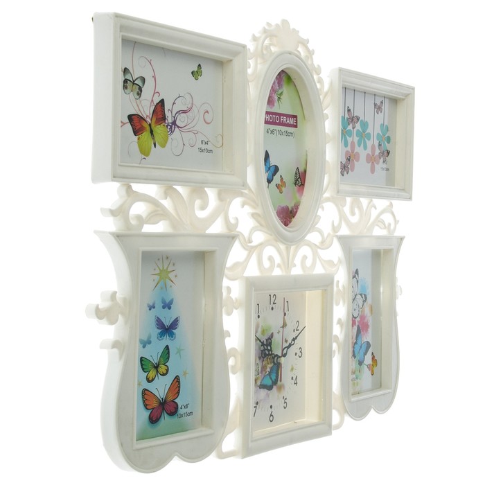 Часы настенные хайтек+5 фоторамок Бабочки белые (фото 10х15-3шт 15х10-2шт) 50*39см