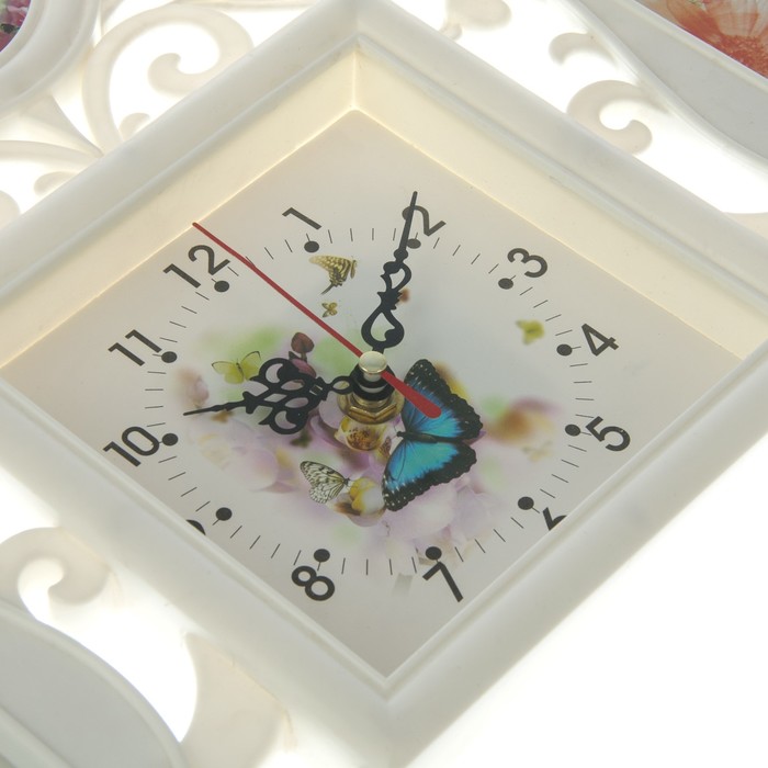 Часы настенные хайтек+5 фоторамок Бабочки белые (фото 10х15-3шт 15х10-2шт) 50*39см
