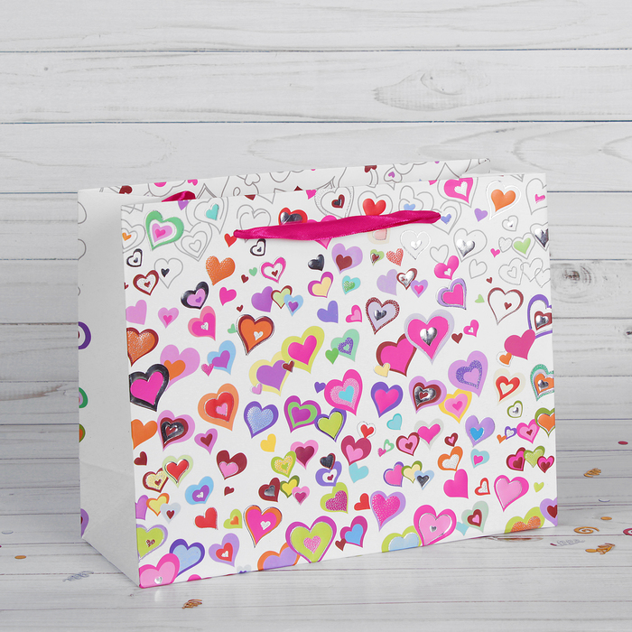 Пакет подарочный &quot;Разноцветные сердечки&quot;, люкс, 24,5 х 9 х 19 см