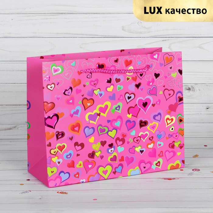 Пакет подарочный &quot;Разноцветные сердечки&quot;, люкс, 45 х 12 х 34 см