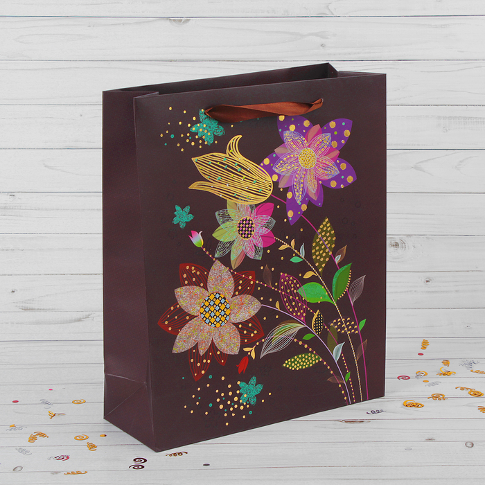Пакет подарочный "Цветы", люкс, 26 х 10 х 32 см