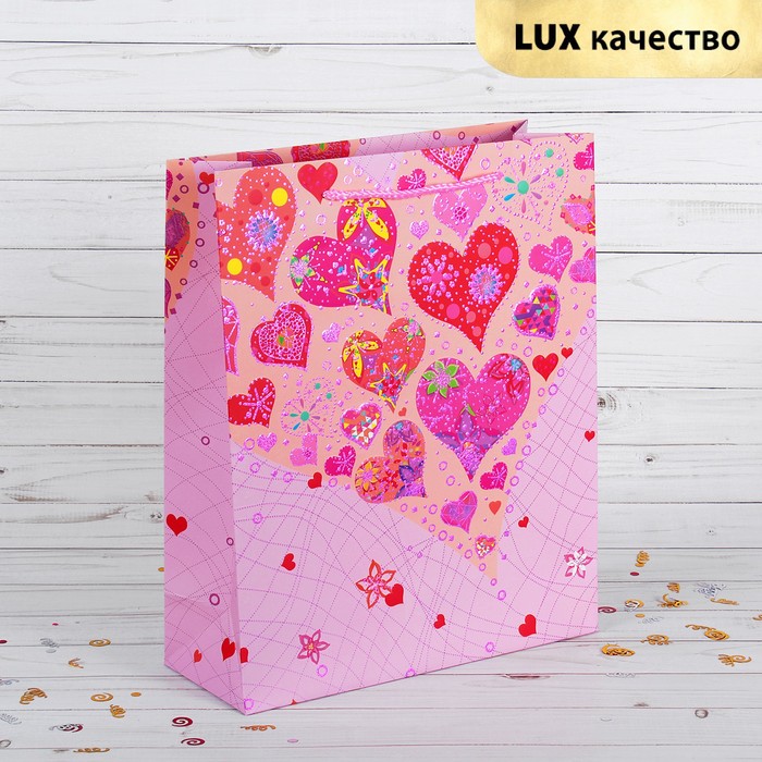 Пакет подарочный "Сердца", люкс, 26 х 10 х 32 см