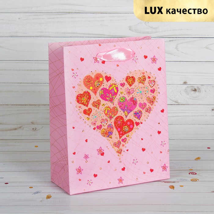 Пакет подарочный "Сердца", люкс, 26 х 10 х 32 см