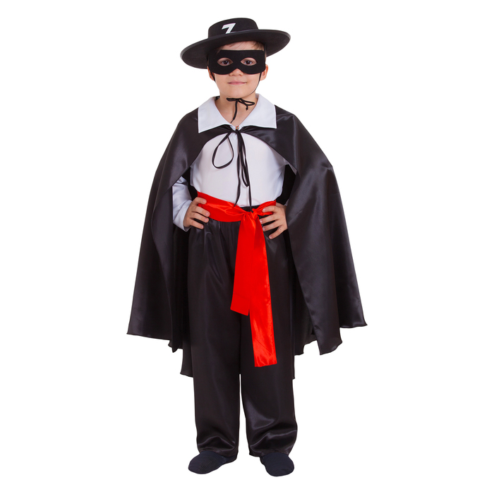 Карнавальный костюм "Зорро", шляпа, маска, белая рубашка, плащ, пояс, штаны, р-р 28, рост 98-104 см