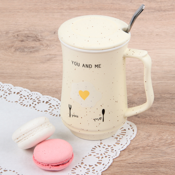 Кружка 400 мл "Завтрак", с ложкой и крышкой, рисунок МИКС