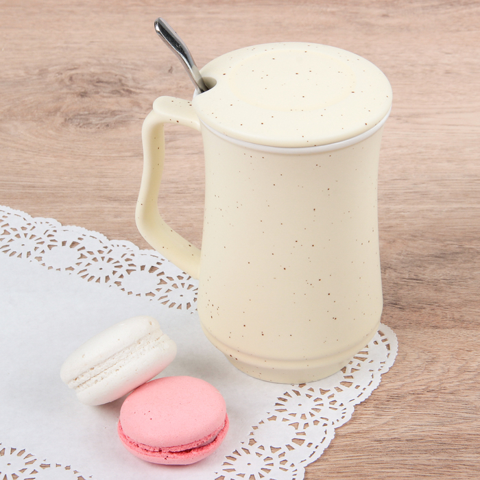 Кружка 400 мл "Завтрак", с ложкой и крышкой, рисунок МИКС