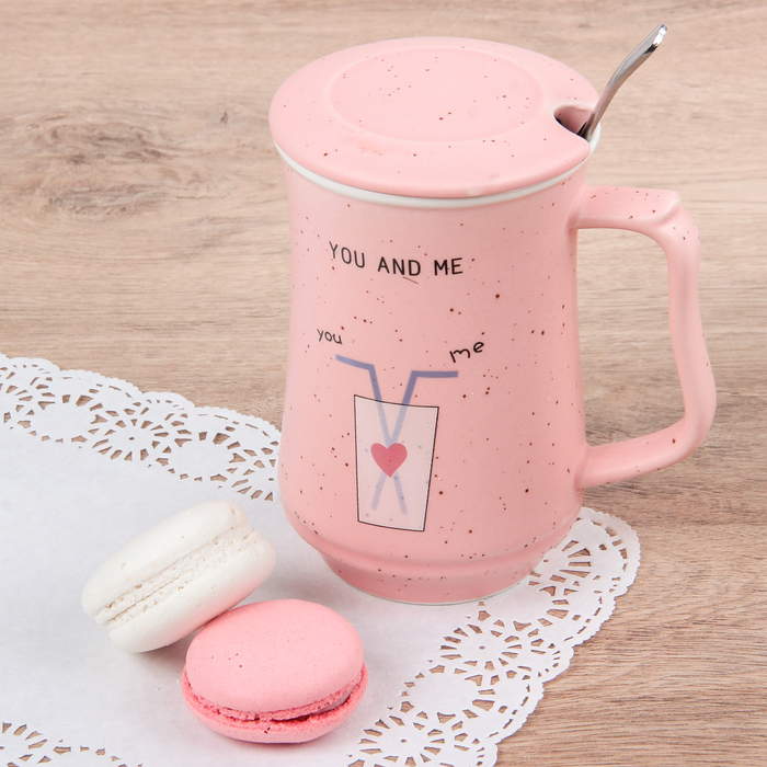 Кружка 400 мл "Завтрак", с ложкой и крышкой, рисунок МИКС