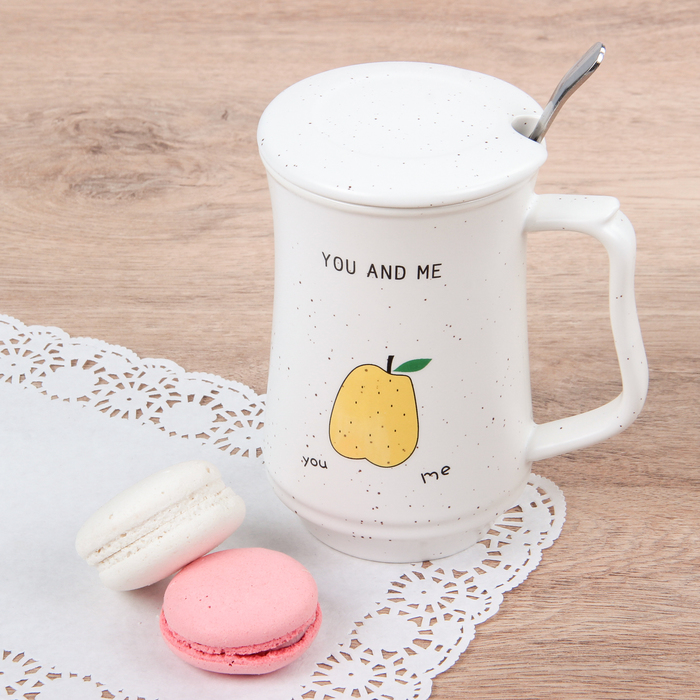 Кружка 400 мл "Завтрак", с ложкой и крышкой, рисунок МИКС