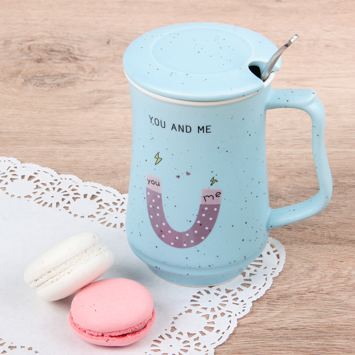 Кружка 400 мл "Завтрак", с ложкой и крышкой, рисунок МИКС