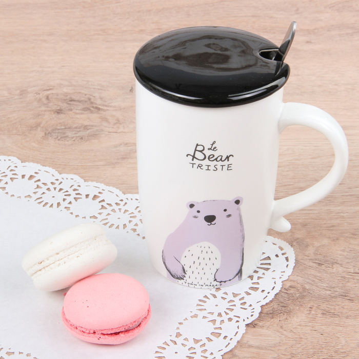 Кружка 400 мл "Улыбочка", с ложкой и крышкой, рисунок МИКС