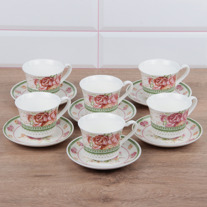 Сервиз чайный "Розали", 12 предметов: кружки 10,5х8х6,5 см 6 шт, блюдца 6 шт 12,7 см, цвет МИКС