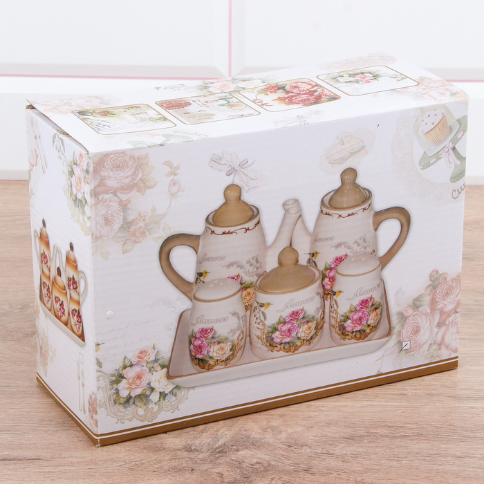 Набор для специй на подставке "Соловушка", 5 предметов: солонка/перечница 50 мл, сахарница 120 мл, емкость для соусов 250 мл