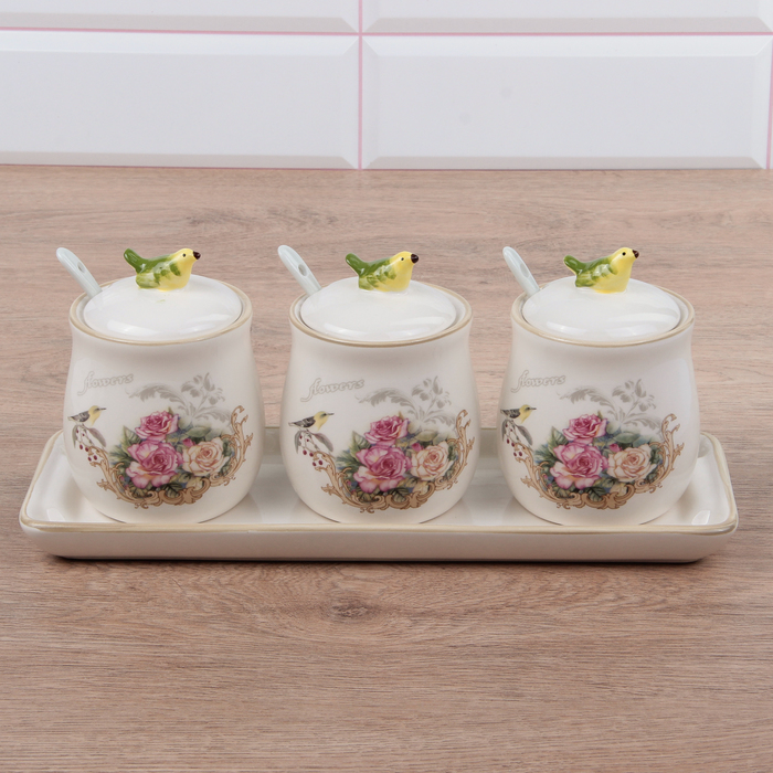 Набор банок для сыпучих продуктов на подставке 3 шт "Соловушка" 0,3л, 3 ложки 27х9х12см 2679