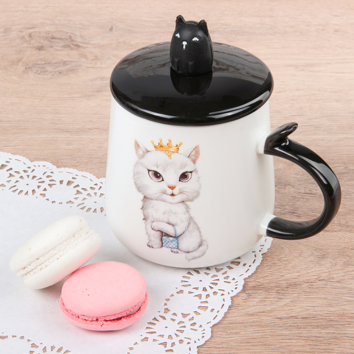 Кружка 400 мл "Кошачий рай", с керамической крышкой и ложкой, рисунок МИКС