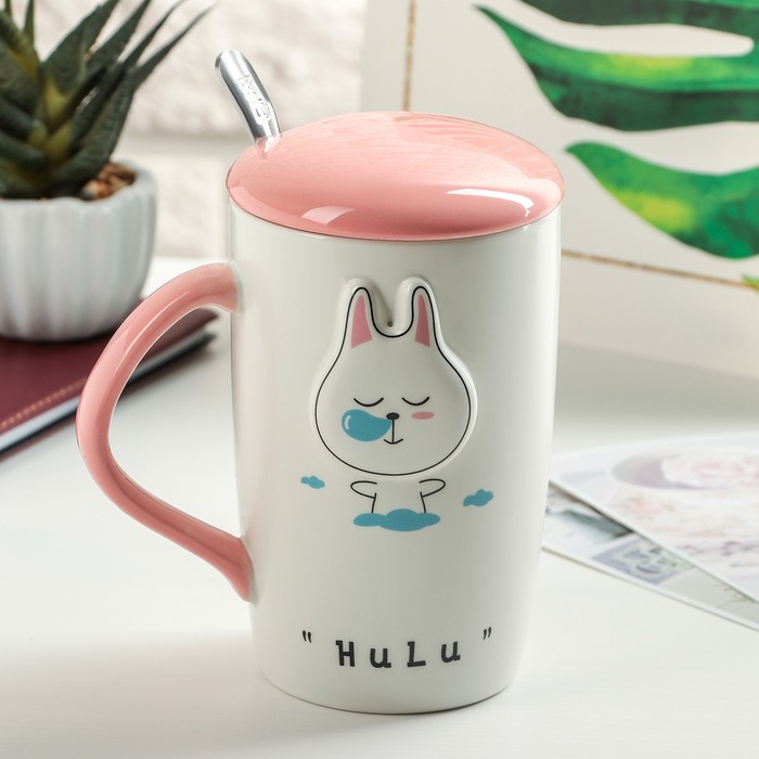 Кружка 400 мл "В саду", с керамической крышкой и ложкой, рисунок МИКС