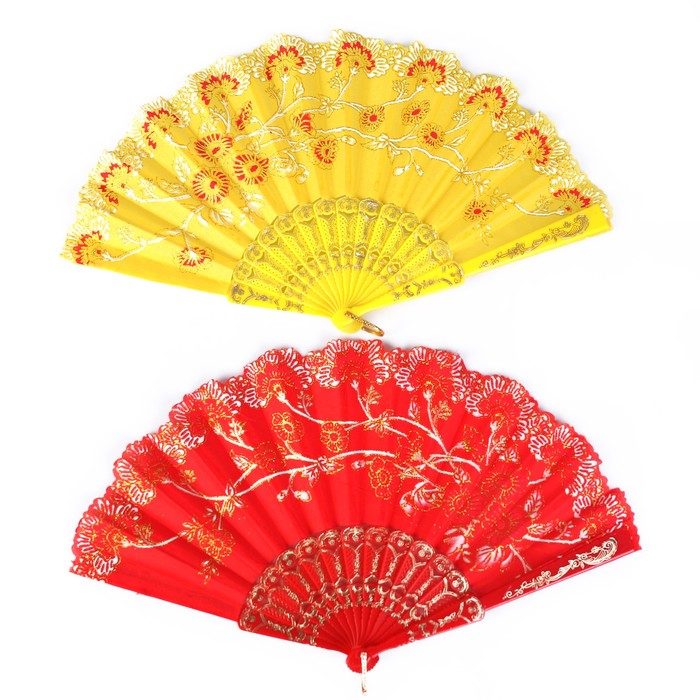 Веер пластик "Цветочная ветвь" золото МИКС 22,5 см