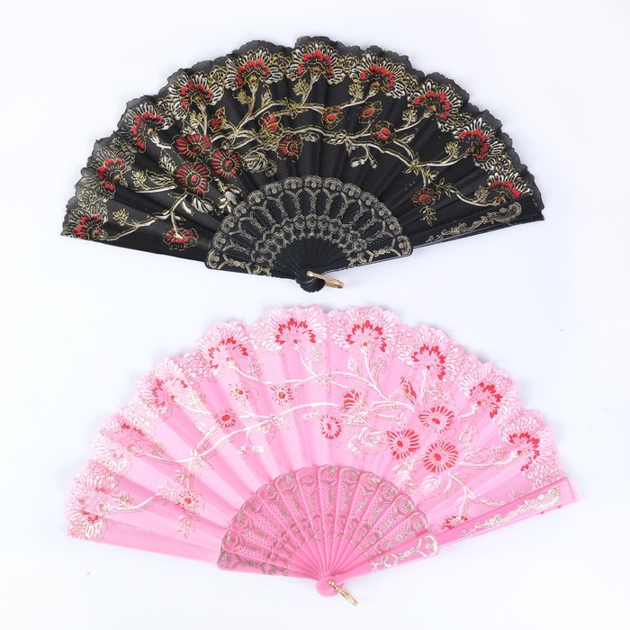 Веер пластик "Цветочная ветвь" золото МИКС 22,5 см