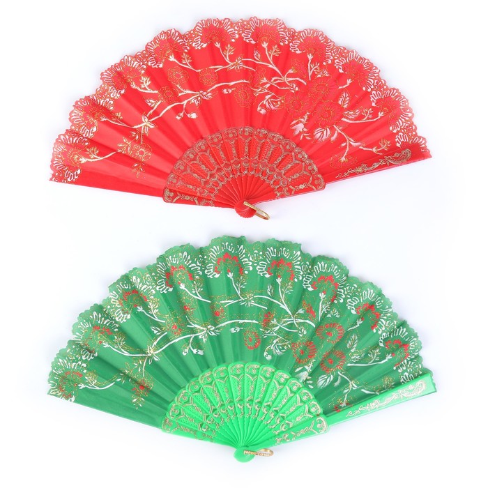 Веер пластик "Цветочная ветвь" золото МИКС 22,5 см