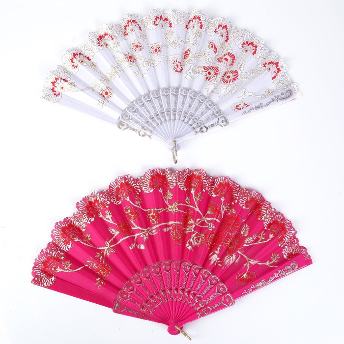 Веер пластик "Цветочная ветвь" золото МИКС 22,5 см