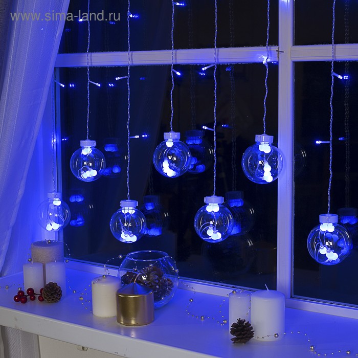 фото Гирлянда "бахрома" 2.4 х 0.7 м с насадками "шарики", ip20, прозрачная нить, 108 led, свечение синее, 8 режимов, 220 в luazon lighting