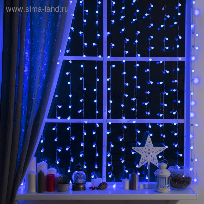 фото Гирлянда «занавес» 2 × 1.5 м с насадками «шарики», ip20, прозрачная нить, 360 led, свечение синее, 8 режимов, 220 в luazon lighting
