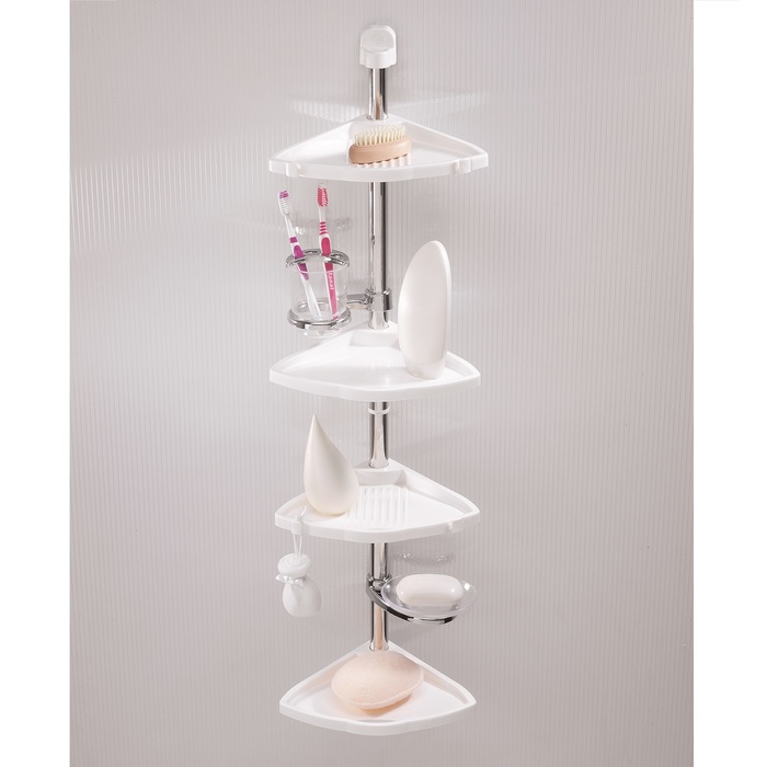 Полка угловая, алюминиевая трубка, 4 полки, мыльница, стакан, цвет белый