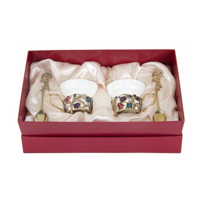 Чайная пара фарфоровая с цветками из латуни «Колокольчики» в картонном футляре