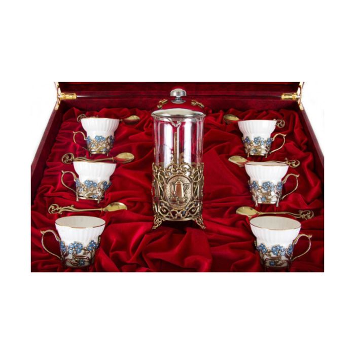 Чайный сервиз с френч-прессом «Незабудки» в шкатулке