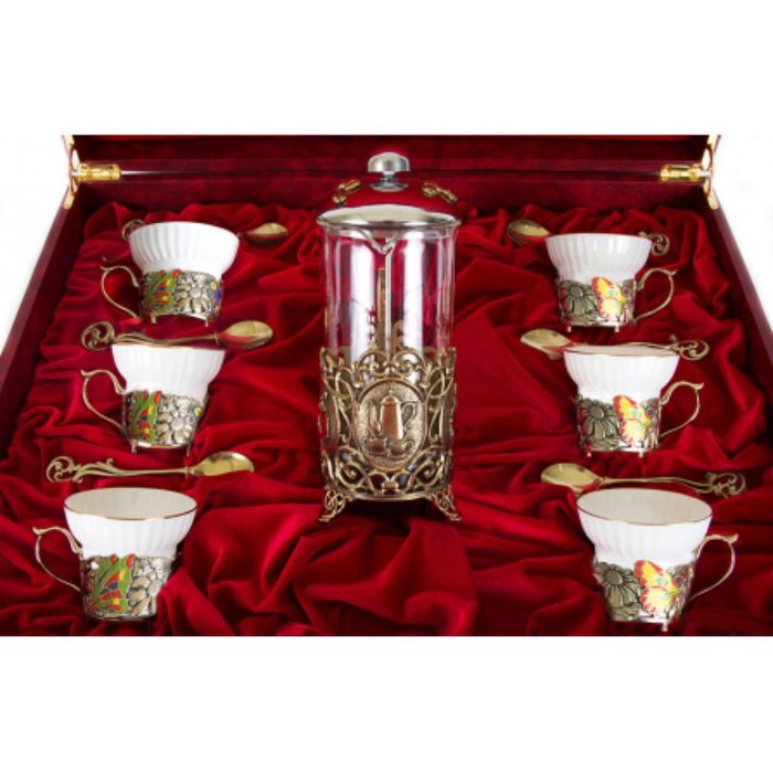 Набор из шести чашек с френч-прессом «Бабочки и цветы» в большой шкатулке