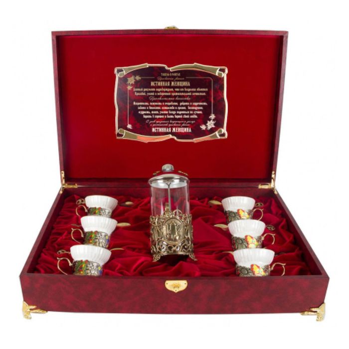 Набор из шести чашек с френч-прессом «Бабочки и цветы» в большой шкатулке с накладкой «Истинная женщина»