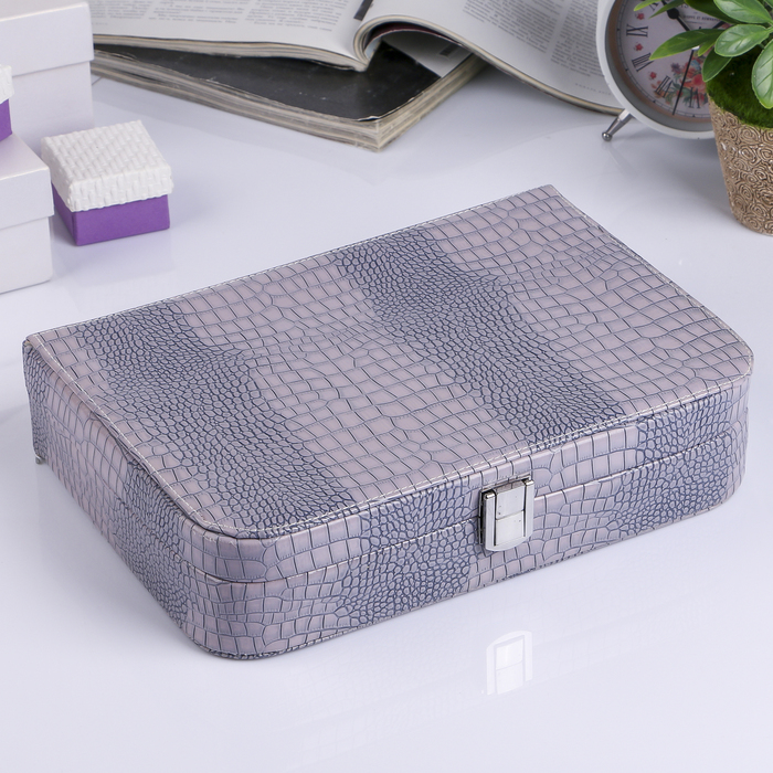 Шкатулка кожзам для украшений "Рептилия" серо-голубая глянец 6х28,5х18,5 см