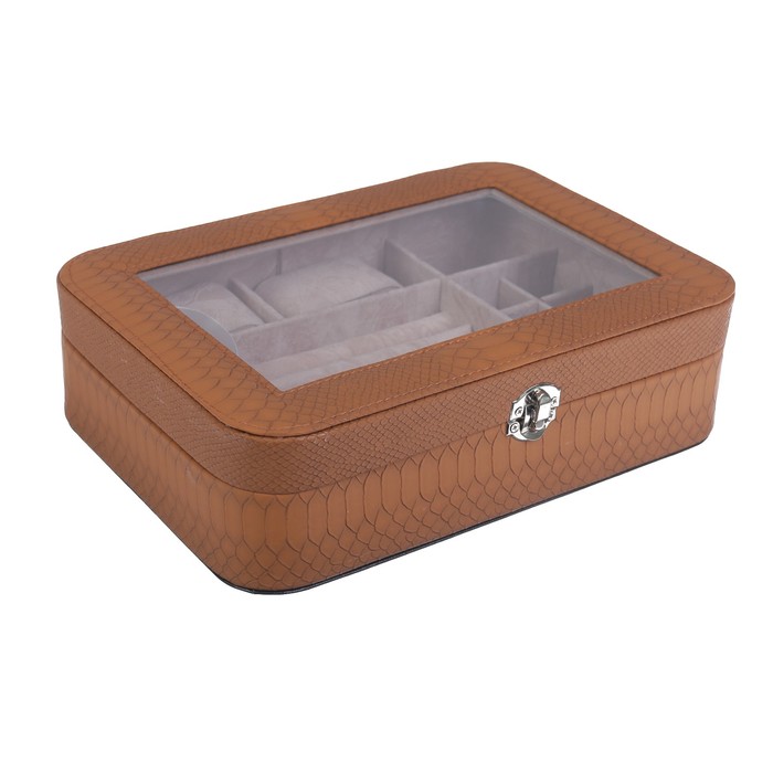 Шкатулка кожзам под часы 2 отделения и бижутерию "Горчица" 7,5х27х19,5 см