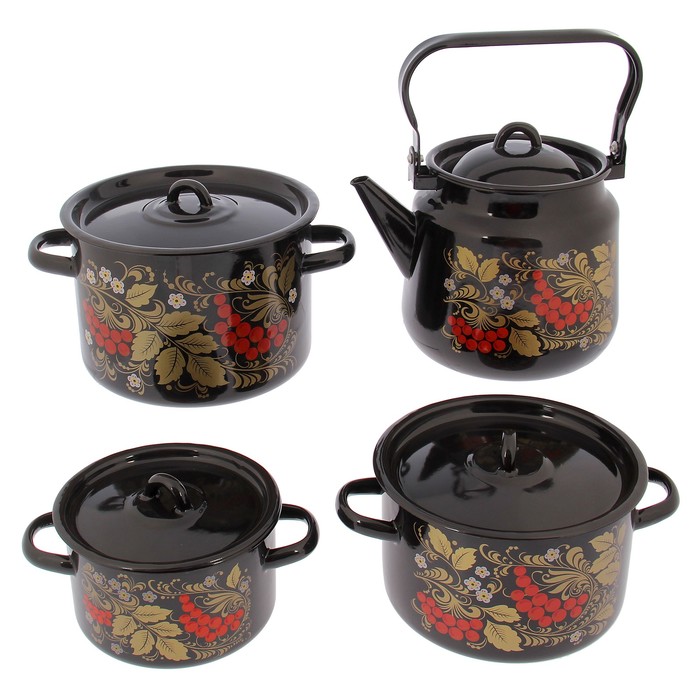 Набор кастрюль "Рябина", 4 предмета: 1,5 л, 2,9 л, 4,5 л, чайник 3,5 л, цвет чёрный