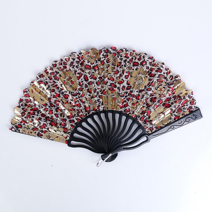 Веер пластик изгиб &quot;Цветы на леопарде&quot; золото МИКС 23 см