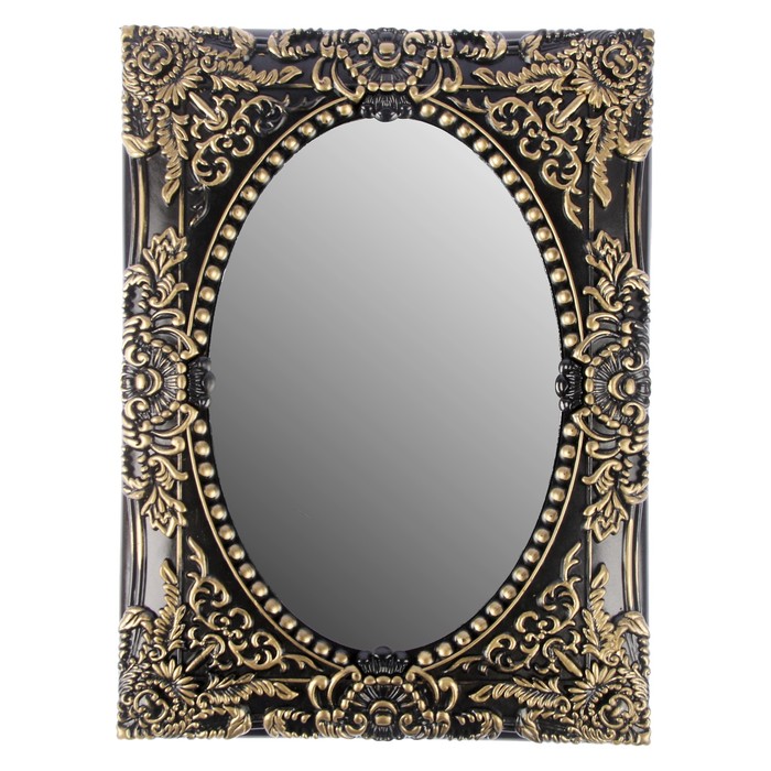 Зеркало настенное классика овал с прямоуг краями и резьбой под металл черное золото 48*35 см 25866