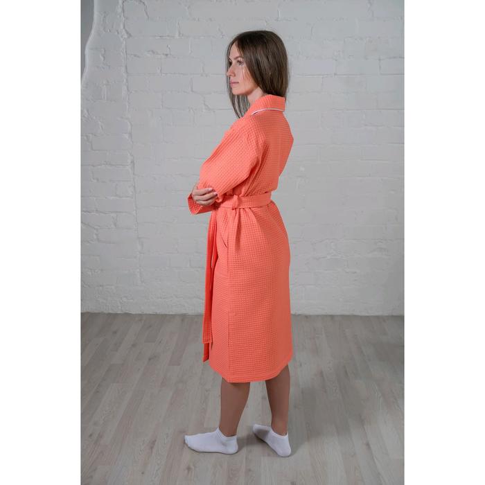 Халат женский, шалька+кант, размер 52, коралл, вафля