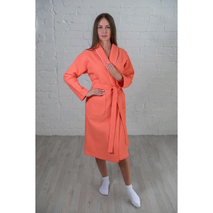 Халат женский, шалька+кант, размер 54, коралл, вафля