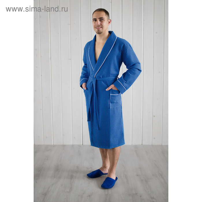 Халат мужской, шалька+кант, размер 52, цвет синий, вафля
