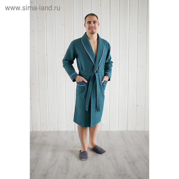 фото Халат мужской, шалька+кант, размер 50, цвет изумрудный, вафля homeliness