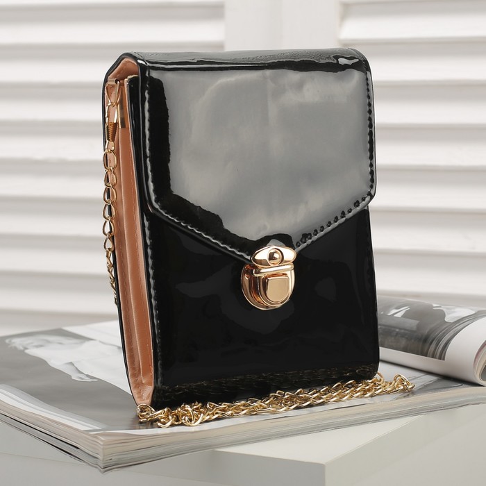 Сумка женская, 2 отдела с перегородкой на замке, длинная цепь, цвет чёрный