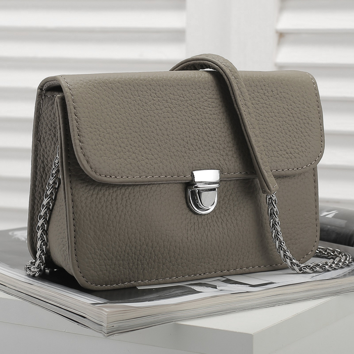 Сумка женская, отдел с перегородкой, наружный карман, длинная цепь, цвет серый