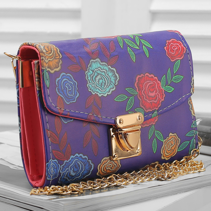 Сумка женская "Роза", 2 отдела с перегородкой на замке, длинная цепь, цвет фиолетовый