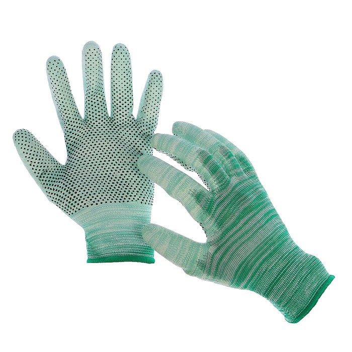 Перчатки нейлоновые, с ПУ покрытием, с ПВХ точками, размер 9, цвет МИКС