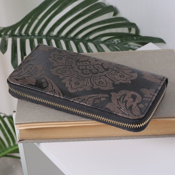 Кошелёк женский на молнии, 3 отдела, для карт, монет, цвет коричневый