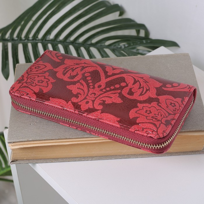 Кошелёк женский на молнии, 3 отдела, для карт, монет, цвет красный